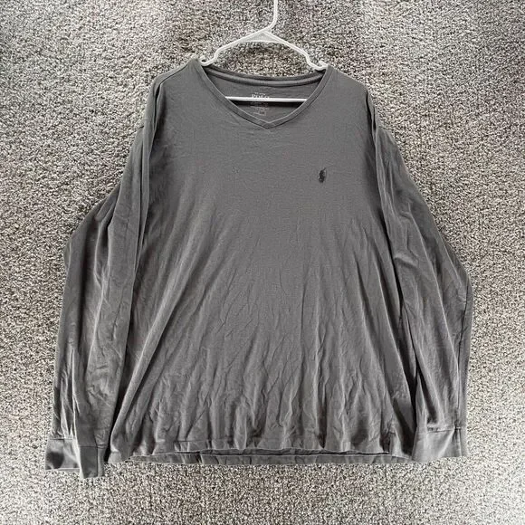 Polo Ralph Lauren Shirt Adult 2XL XXL Gray V Neck Long Sleeve Pony Rugby Logo - Picture 1 of 11